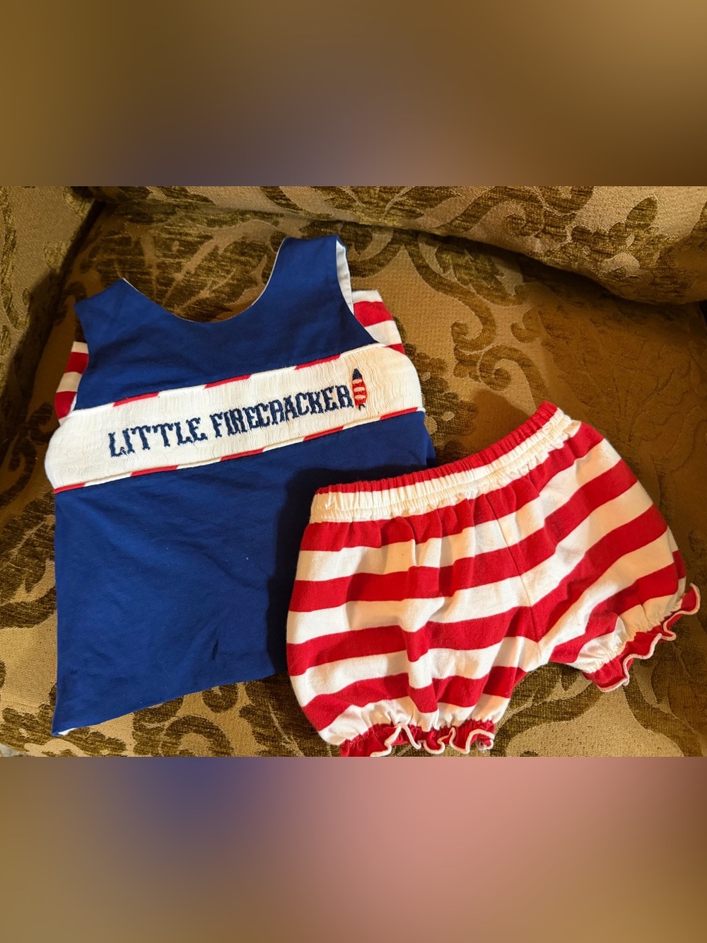 Kids' Blue 'Little Firecracker' Top & Red-White Stripe Bloomers Matching Set